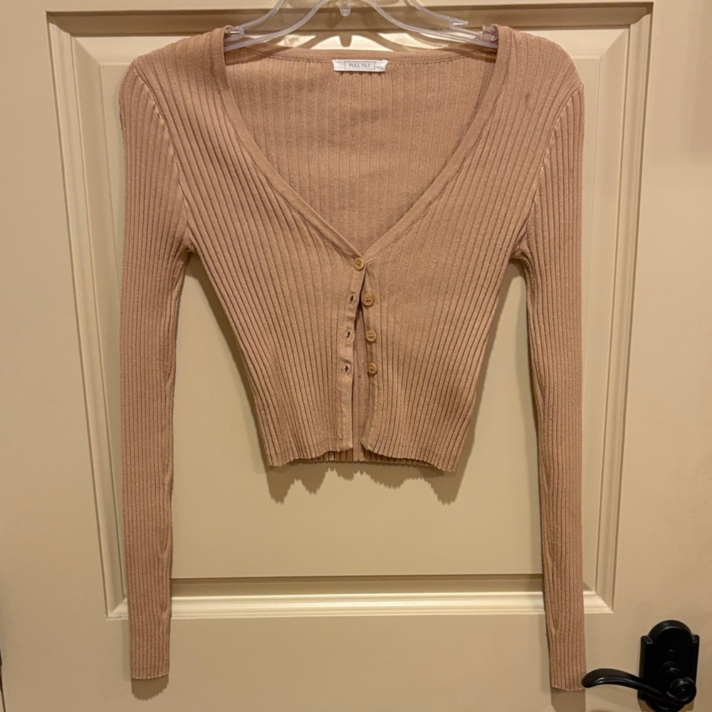 Tan Ribbed Button-Up Cardigan
